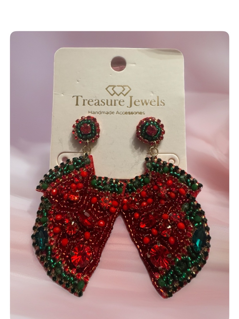 Treasure Jewels Red & Green Beaded Statement Drop Earrings